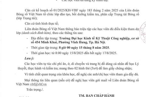 Lớp đào tạo, bồi dưỡng, kiểm tra, phân cấp Trọng tài bóng rổ (lớp trọng tài) toàn quốc tại Hà Nội.