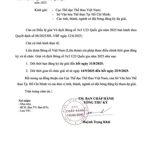 Thông báo liên quan Giải Vô địch Bóng rổ 5x5 U23 Quốc gia năm 2025