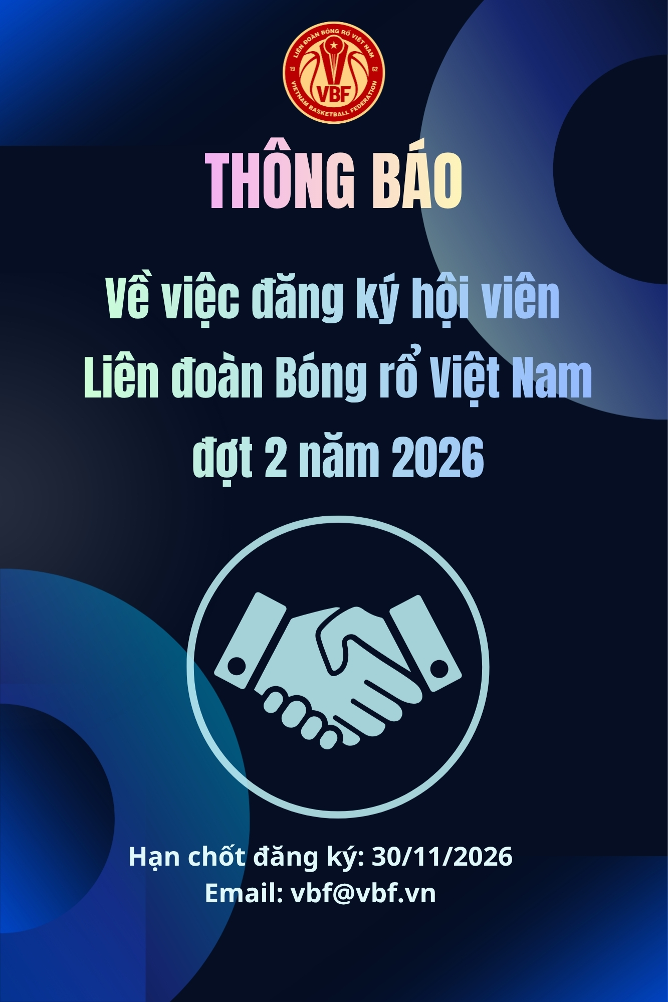 THÔNG BÁO Về việc đăng ký hội viên Liên đoàn Bóng rổ Việt Nam đợt 2 năm 2026
